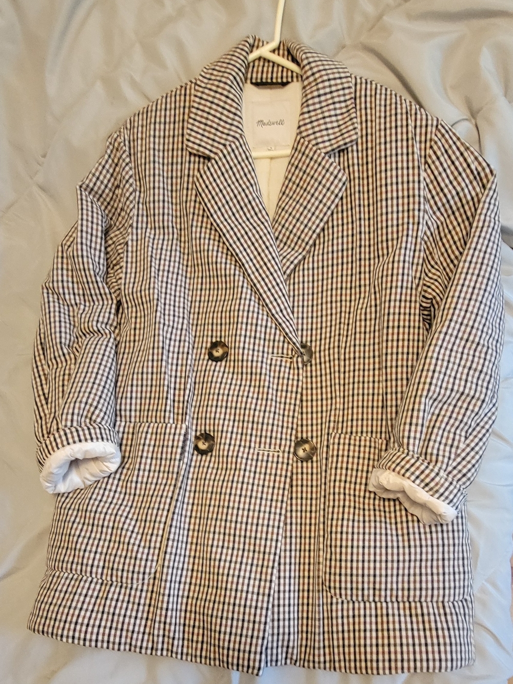 Madewell Oversized Quilted Double-Breasted Glen Plaid Blazer in Brown and Cream